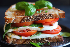Nutritious and delicious Caprese sandwich featuring fresh mozzarella, juicy tomatoes, and aromatic basil layered between hearty slices of brown bread.
