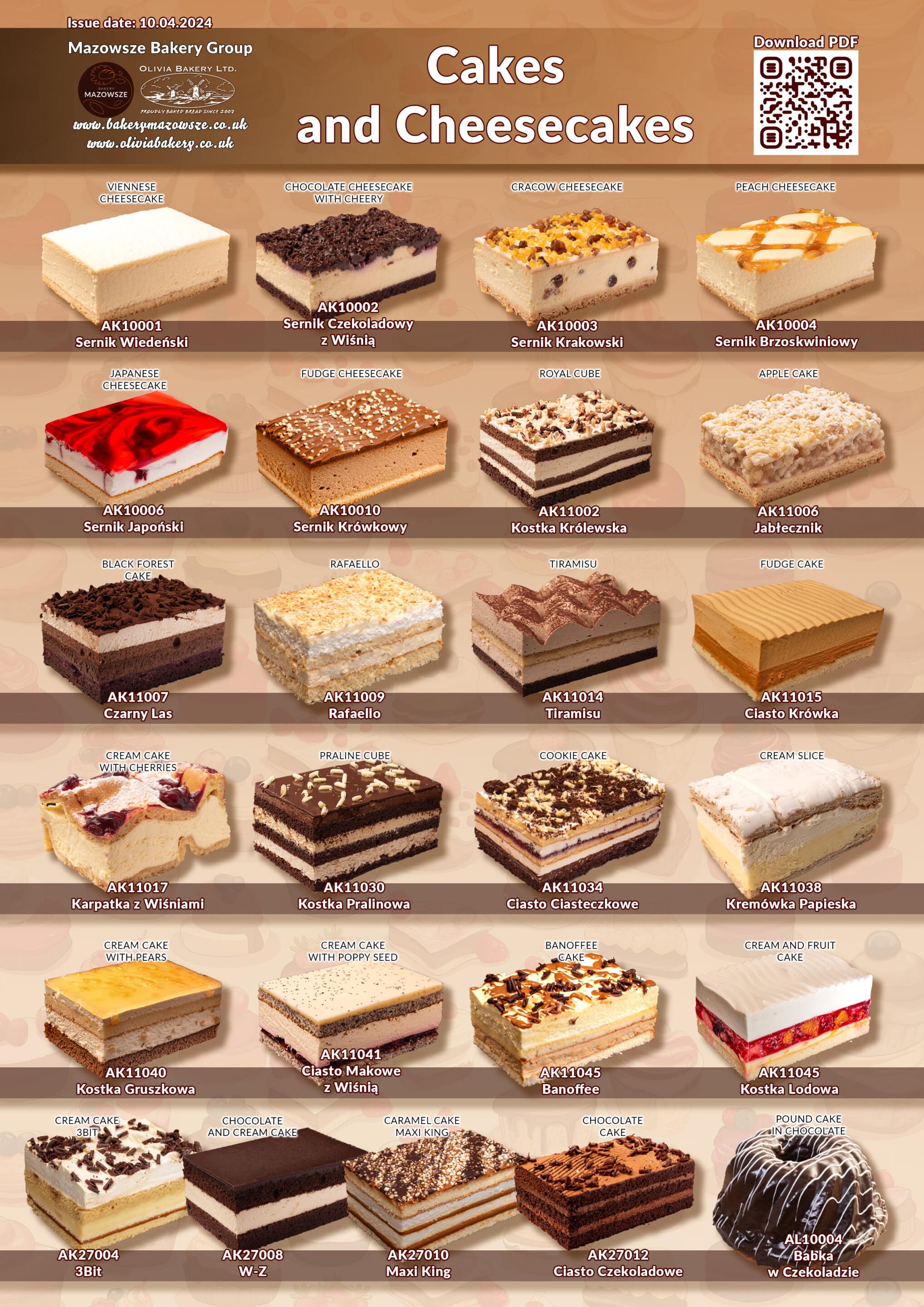 Variety of cakes and cheesecakes from Mazowsze Bakery Group, featuring classic flavors and unique combinations.