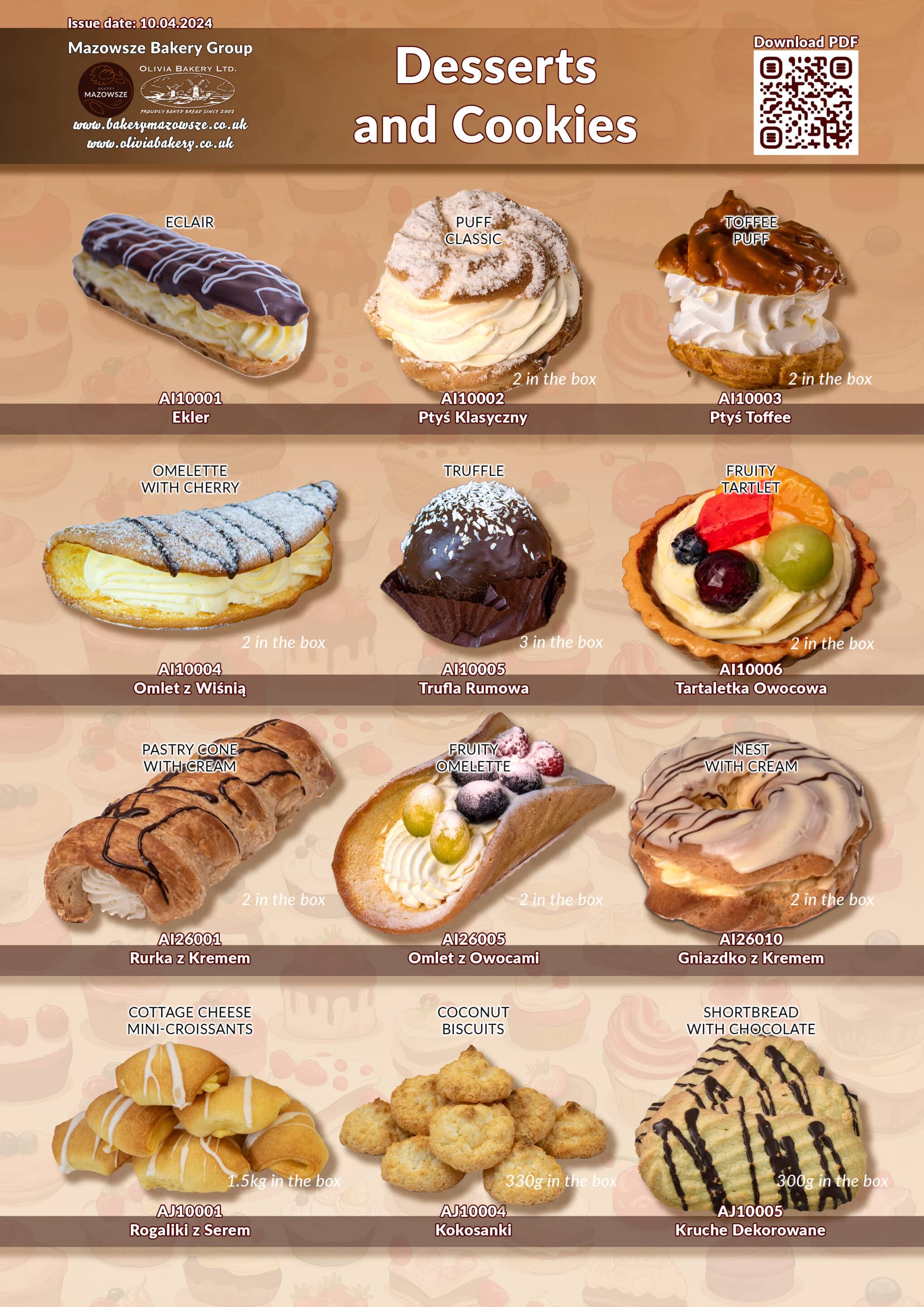 Selection of desserts and cookies from Mazowsze Bakery Group, including eclairs, pastries, and mini-croissants.