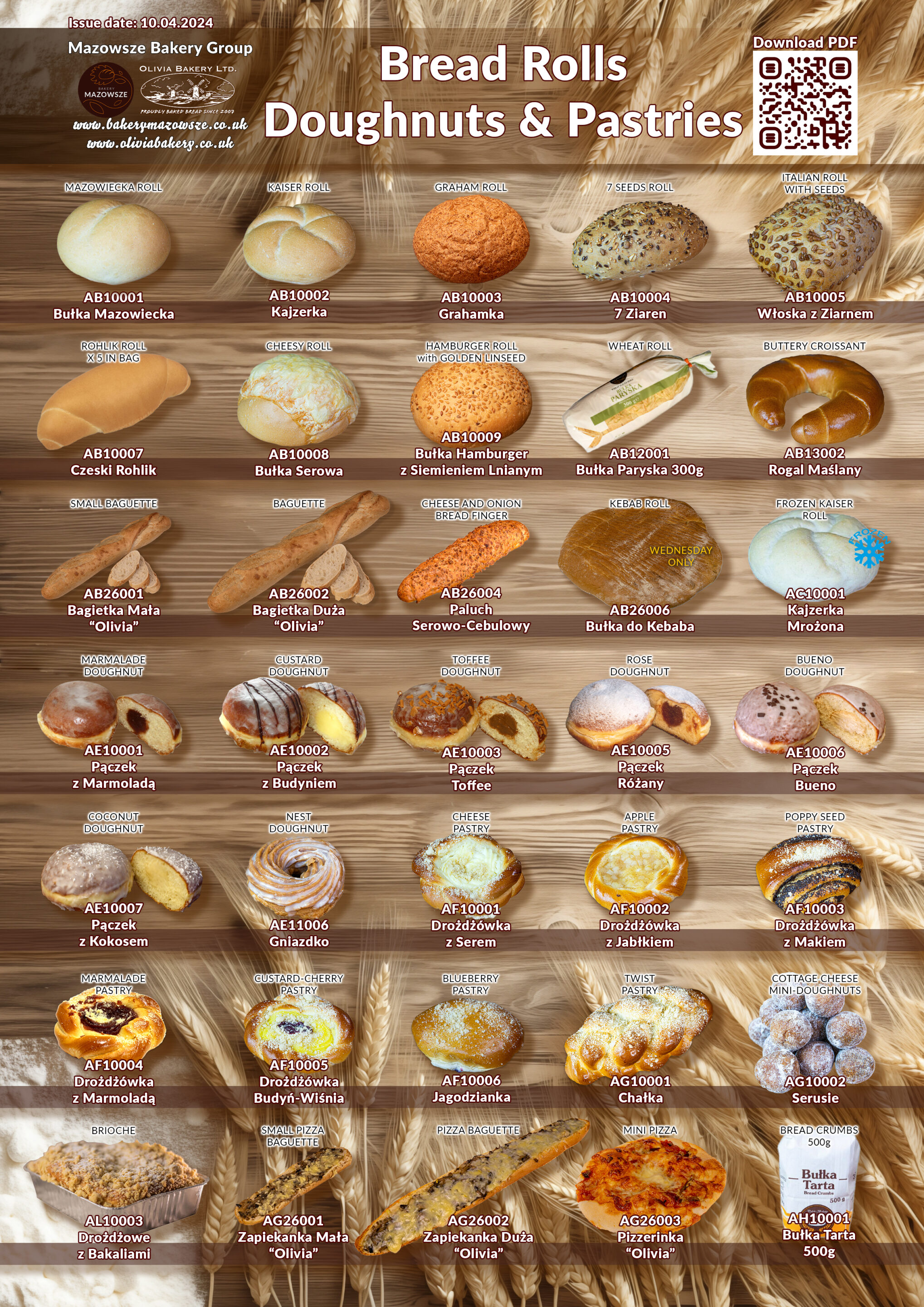 Assortment of bread rolls, doughnuts, and pastries from Mazowsze Bakery Group, including traditional and unique varieties.