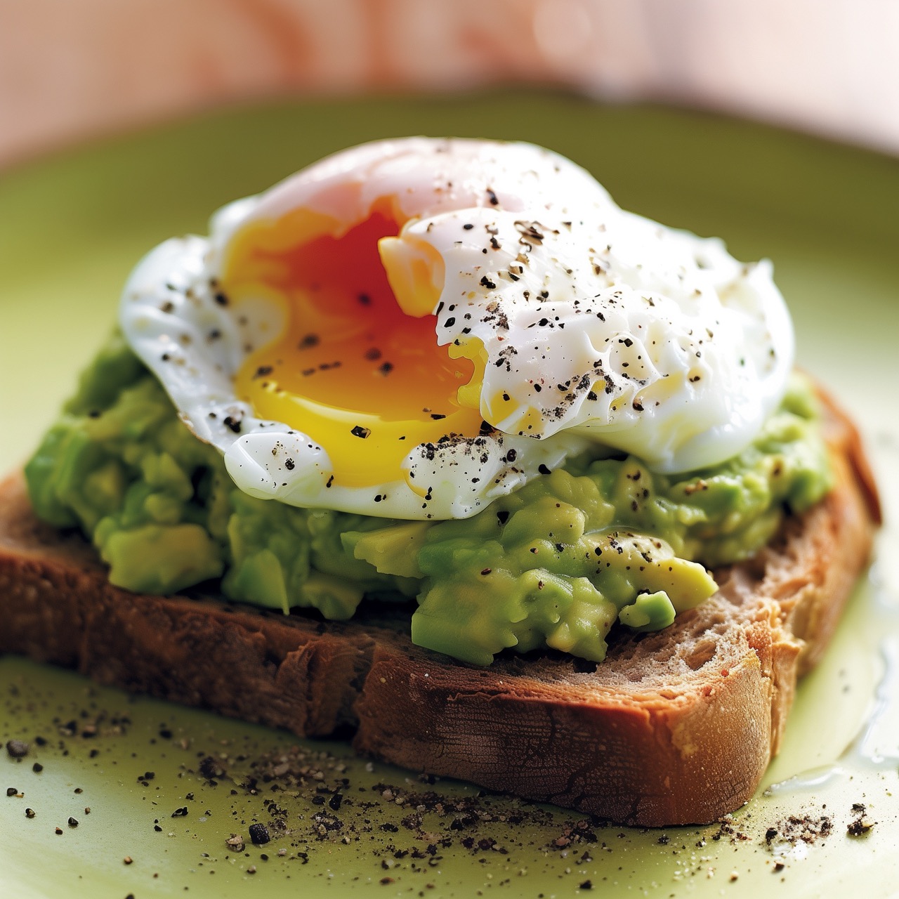 Poached egg and mashed avocado on whole grain toast