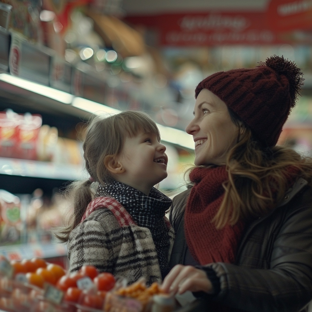 Mother and daughter shopping happily at Polish grocery store